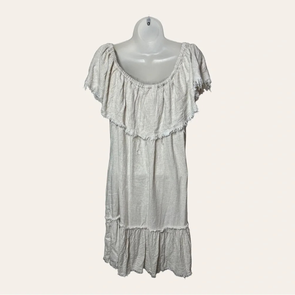 0089. Umgee OFF SHOULDER BOHO MINI DRESS BEIGE IN COLOR SIZE SMALL FRAYED - Picture 6 of 9